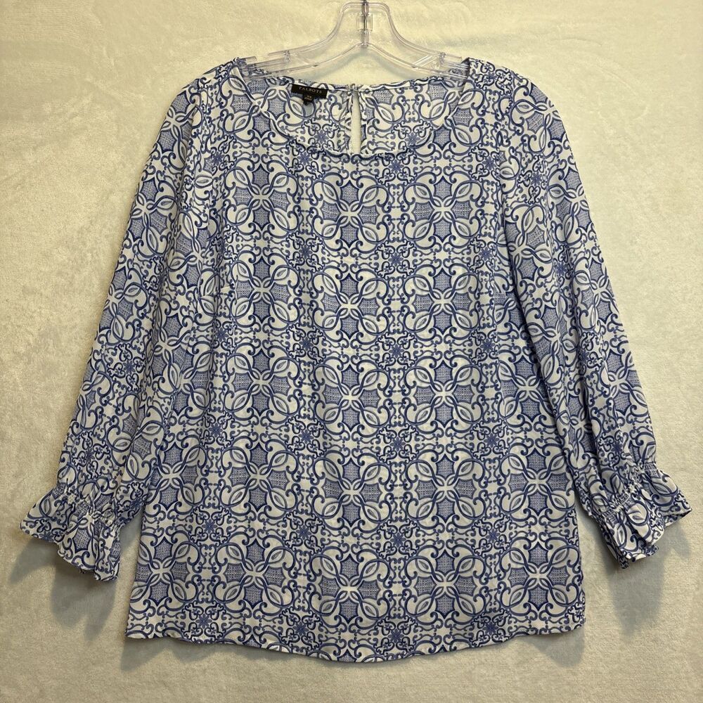 Talbots Women's Blue Geometric Print Blouse Top 3/4 Smocked Sleeve Size XS